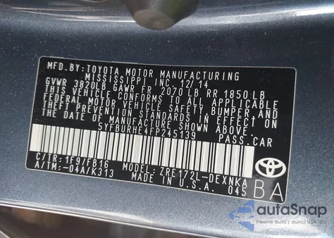 2015 Toyota Corolla Le/Le Plus/Le Premium z USA, uszkodzony, nr VIN 5YFBURHE4FP245139